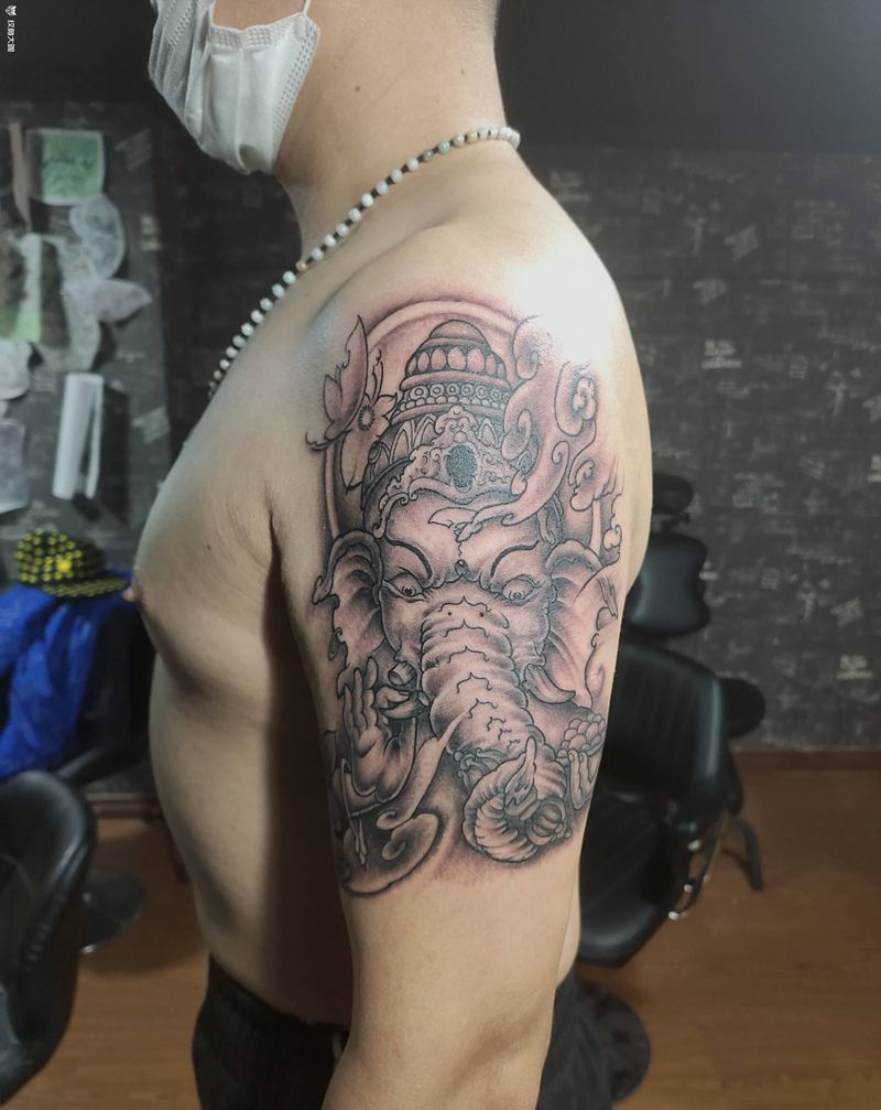 象神纹身图片_手臂新传统纹身图案