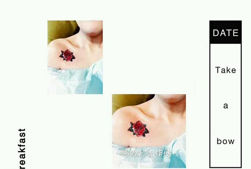 玫瑰肩花纹身图片_肩部欧美植物纹身图案