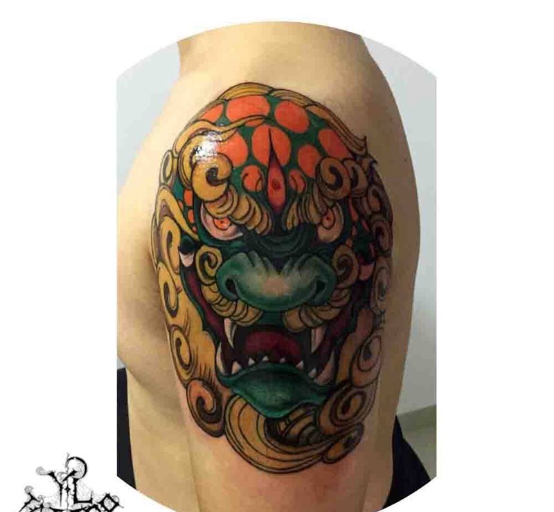 【早期作品】唐狮子纹身图片_欧美传统动物手臂成品纹身图案