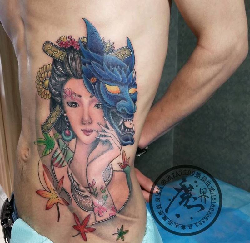 艺妓纹身图片_腰部传统人物成品纹身图案