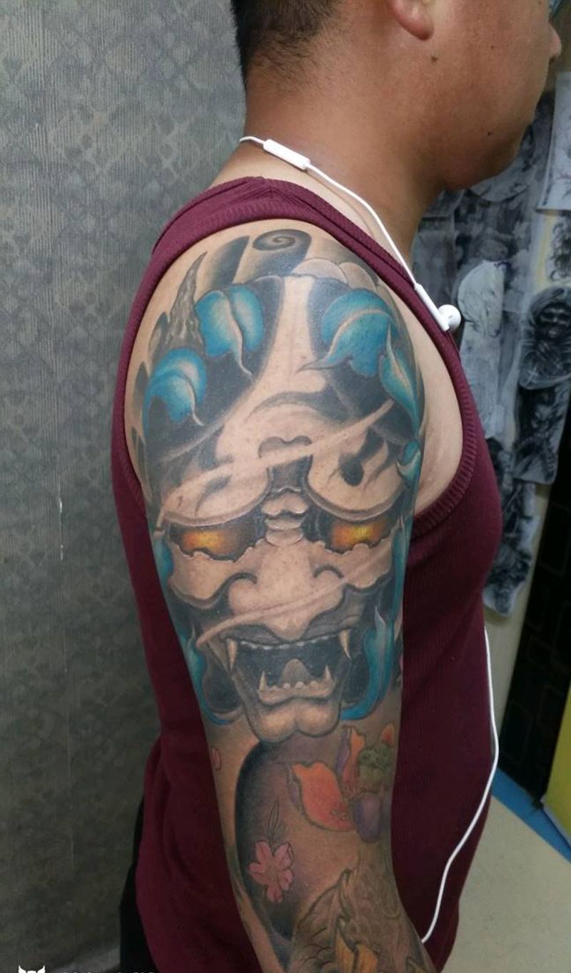 花臂般若纹身图片_手臂新传统般若彩色花臂纹身图案