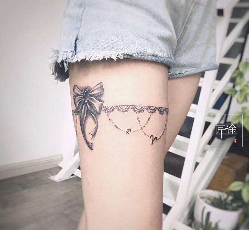 蕾丝蝴蝶结纹身图片_成品腿部清新原创纹身图案