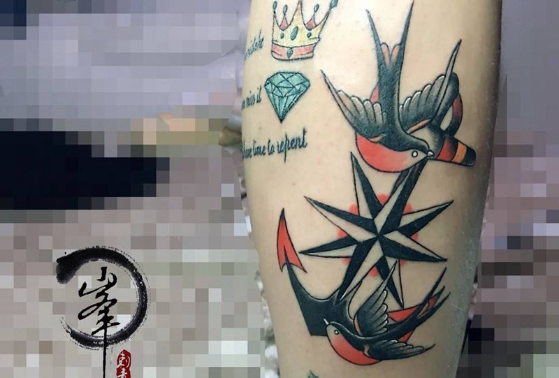 Old school纹身图片_欧美传统成品腿部字符人物静物纹身图案