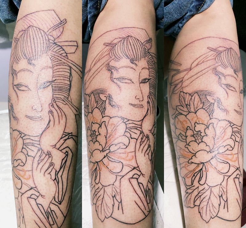 小腿艺妓纹身图片_腿部老传统纹身图案