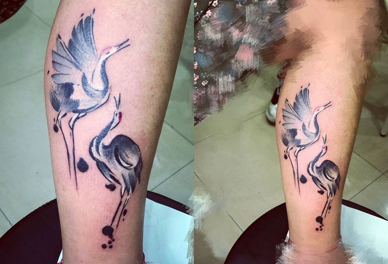 水墨仙鹤纹身图片_腿部水墨纹身图案