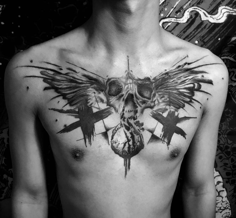 花胸添加纹身图片_胸部欧美写实花胸骷髅纹身图案