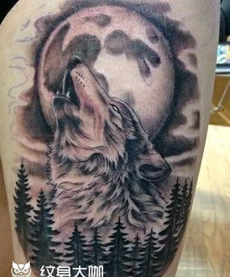 狼王纹身图片_脚部腿部老传统狼写实纹身图案