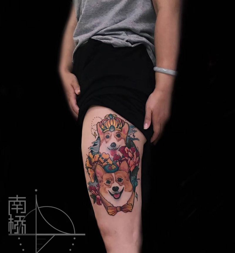 原创狗狗纹身图片_原创植物动物几何传统欧美腿部成品手稿纹身图案