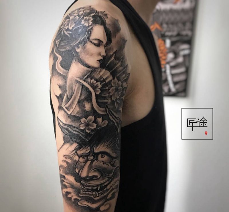 艺伎般若遮盖纹身图片_成品传统鬼神人物手臂肩部插画纹身图案
