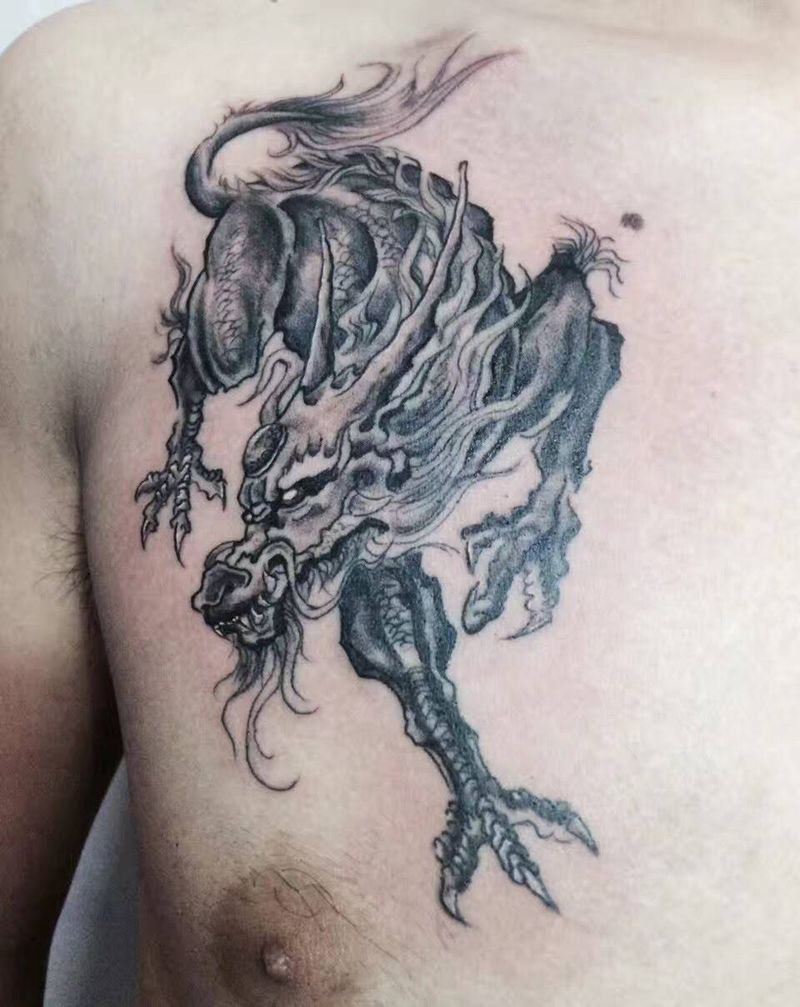 麒麟纹身图片_成品胸部传统动物纹身图案