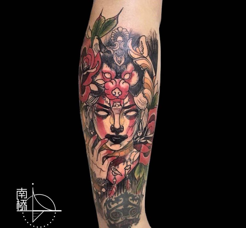 人狼传说纹身图片_成品腿部欧美纹身图案