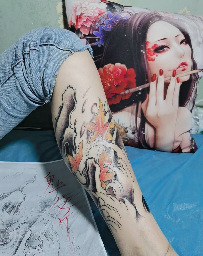 腿部添加纹身图片_腿部新传统纹身图案