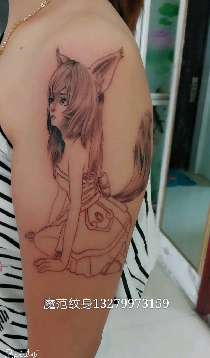 阿狸纹身图片_肩部动物狐狸妲己成品纹身图案