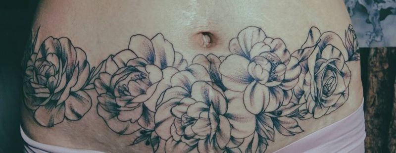 素花纹身图片_成品腹部清新植物纹身图案