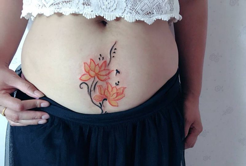 疤痕遮盖纹身图片_成品腹部传统静物纹身图案