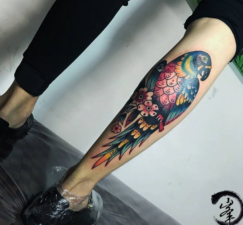 鹦鹉纹身图片_腿部New School纹身图案