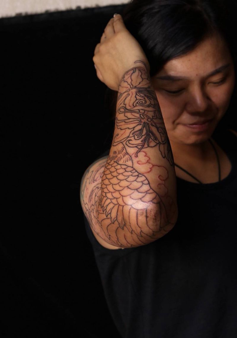 鹤花臂进度纹身图片