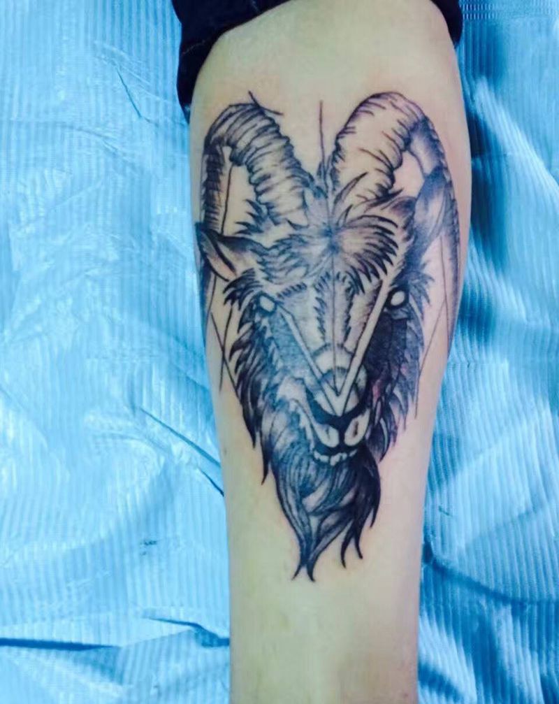 羊纹身图片_成品腿部传统清新动物纹身图案