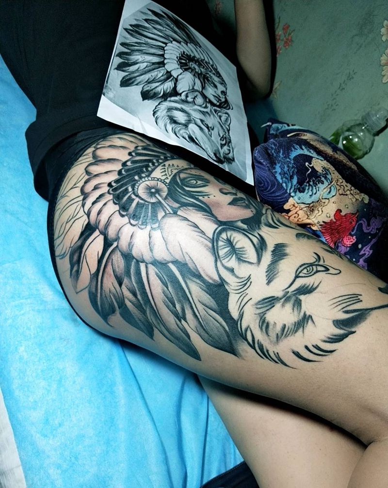 印第安女神 半成品纹身图片_腿部欧美纹身图案