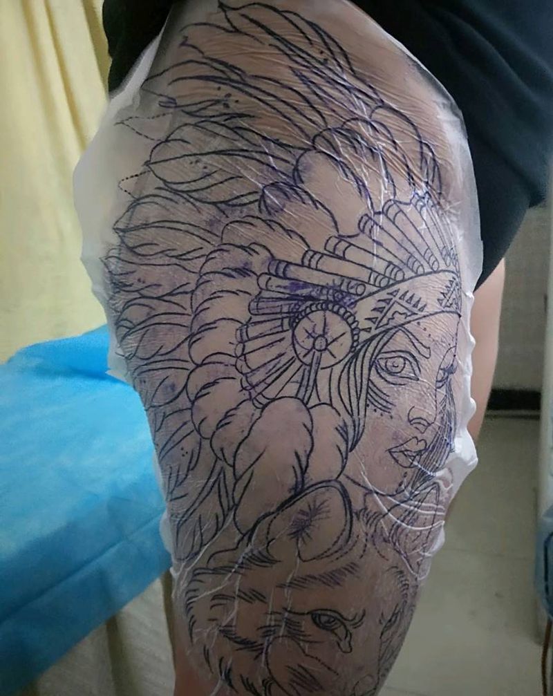 印第安女神线条下次上色纹身图片_臀部腿部欧美纹身图案