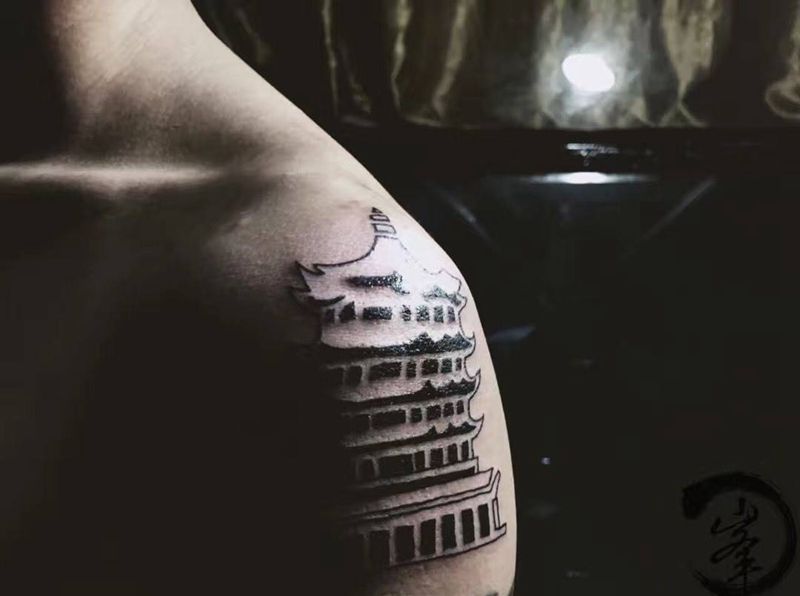 黄鹤楼纹身图片_手臂成品静物传统纹身图案