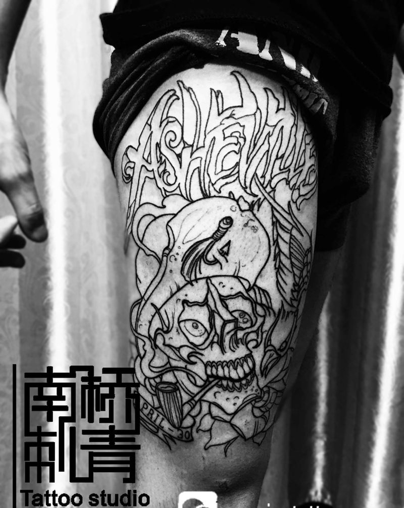 school骷髅纹身图片_成品腿部欧美纹身图案