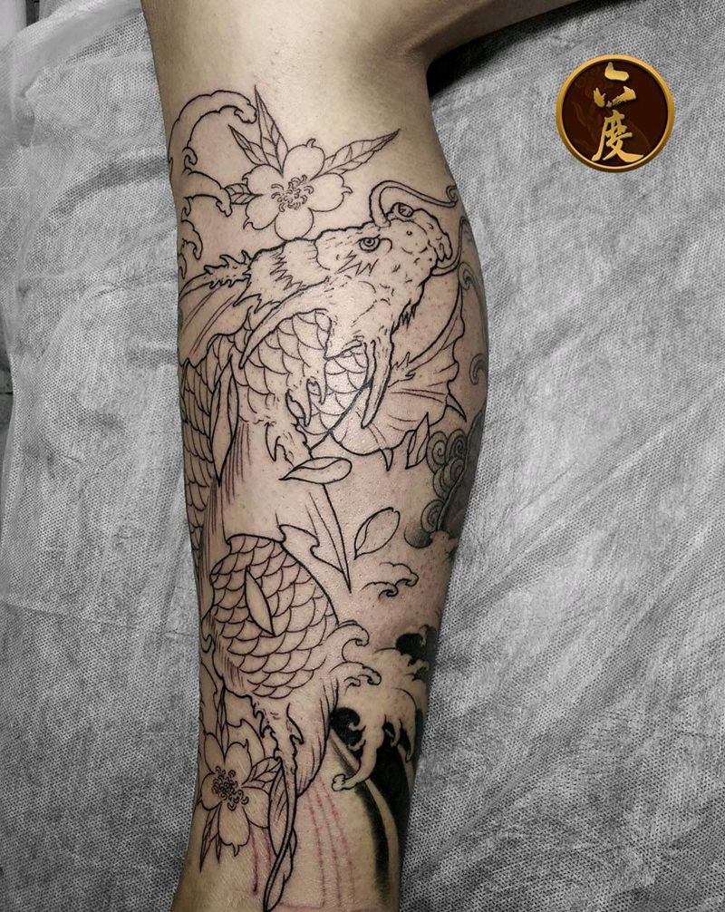 鳌鱼纹身图片_腿部新传统鳌鱼纹身图案