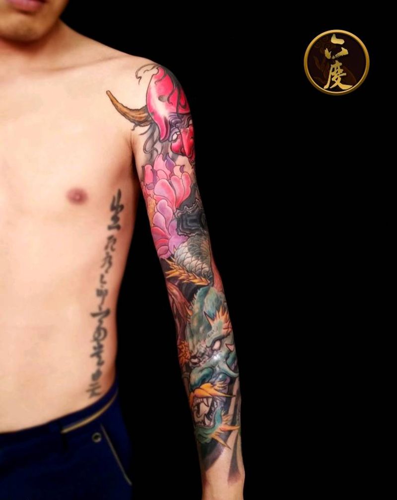 般若龙花臂纹身图片_手臂传统鬼神成品纹身图案