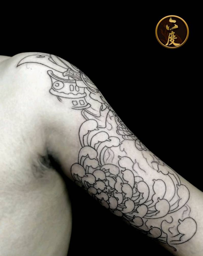 菊花鬼武士线纹身图片