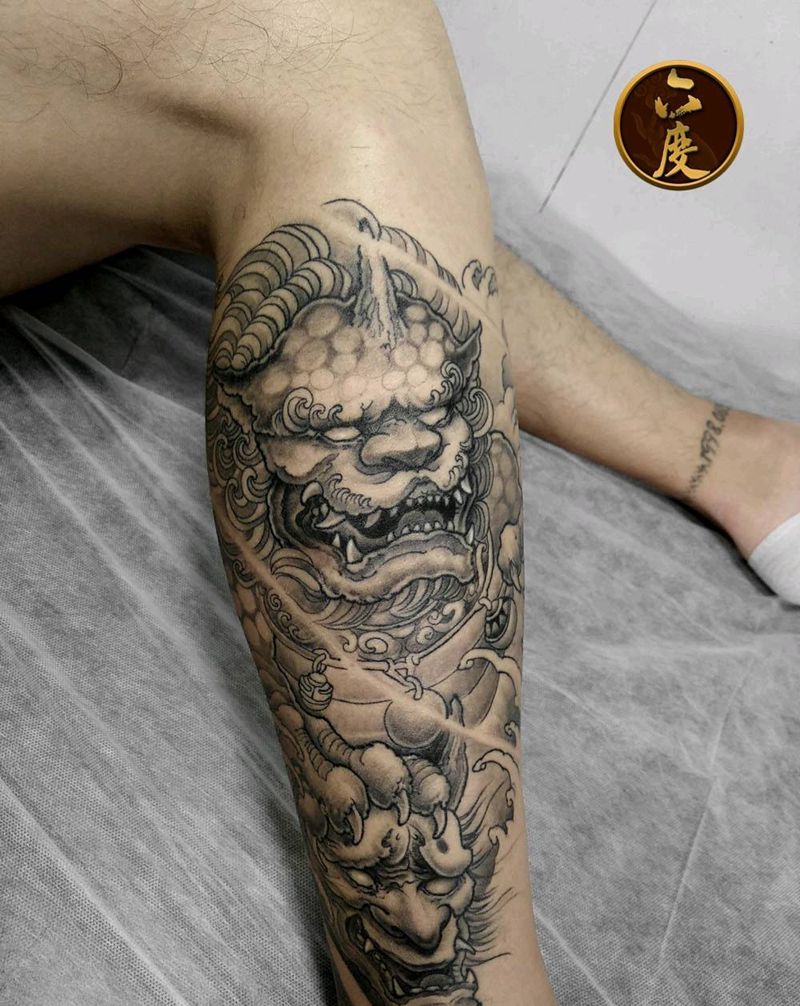 唐狮纹身图片_腿部新传统纹身图案