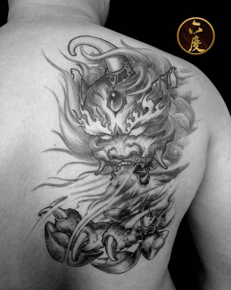 貔貅纹身图片_背部传统鬼神成品纹身图案