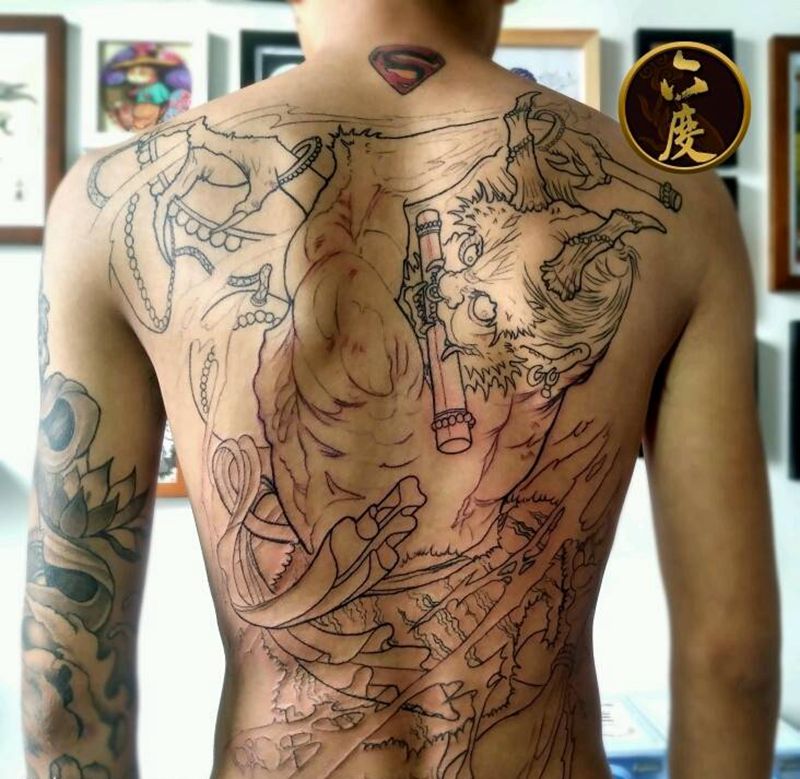 雷神纹身图片_背部传统鬼神纹身图案