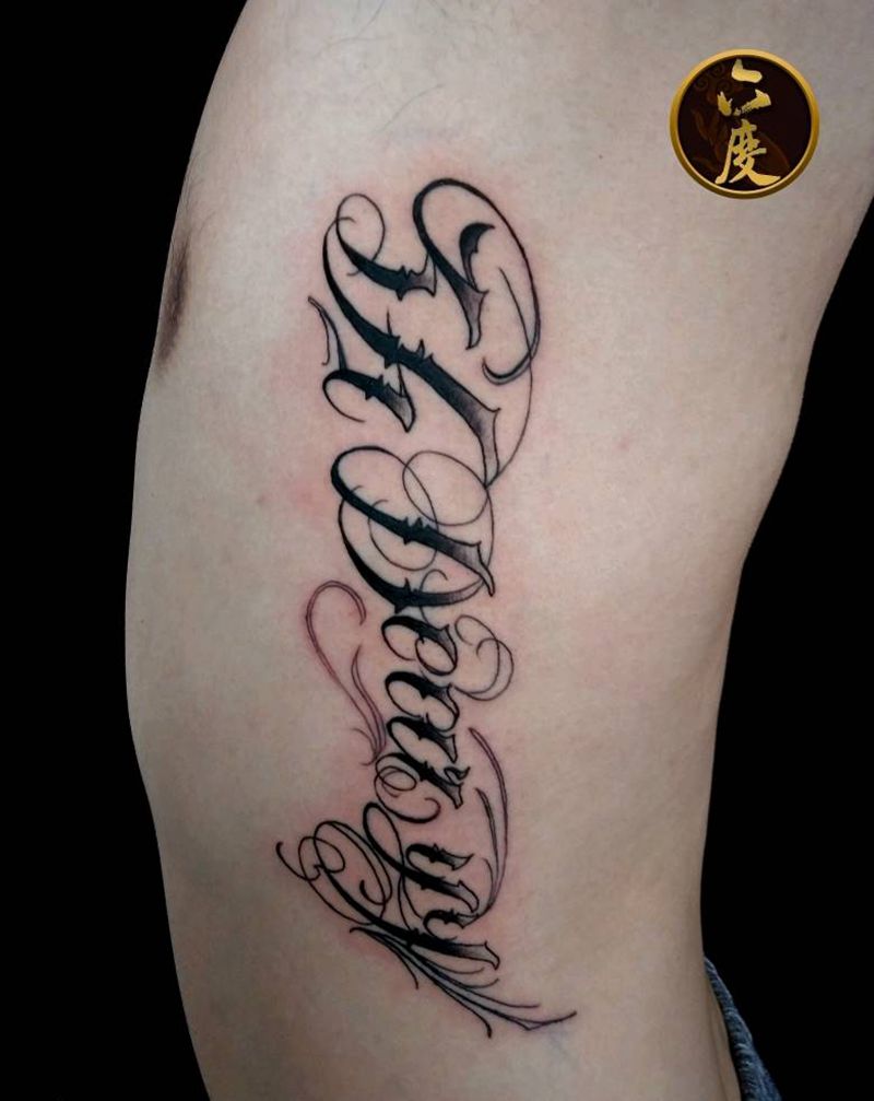 英文花体订制纹身图片_腰部字符原创成品纹身图案