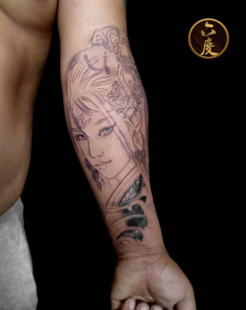 龙女花臂未完成纹身图片_手臂写实鬼神成品纹身图案