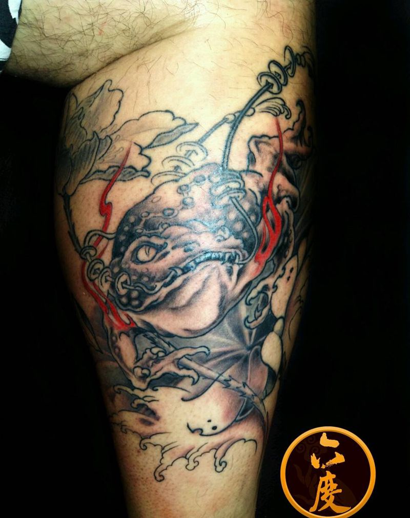 招财金蟾纹身图片_腿部传统动物金蟾纹身图案