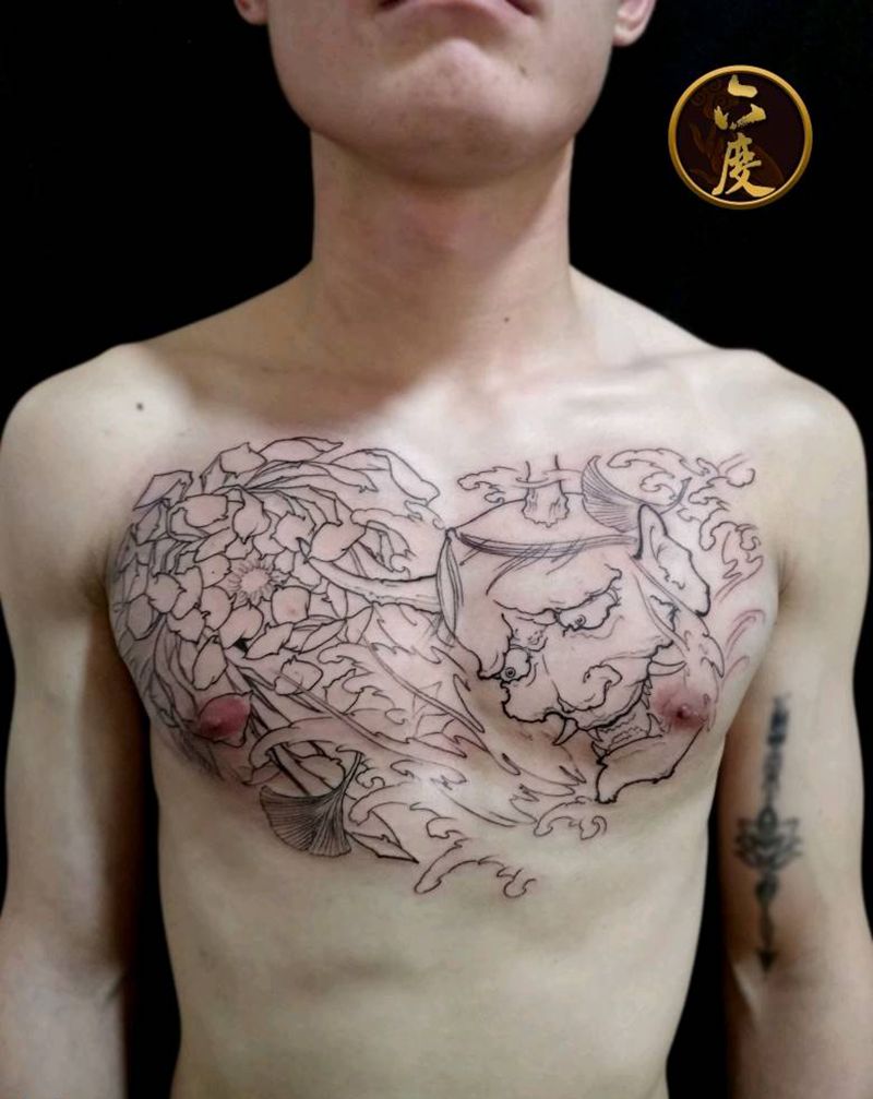 般若菊花花胸纹身图片_胸部传统植物鬼神成品纹身图案