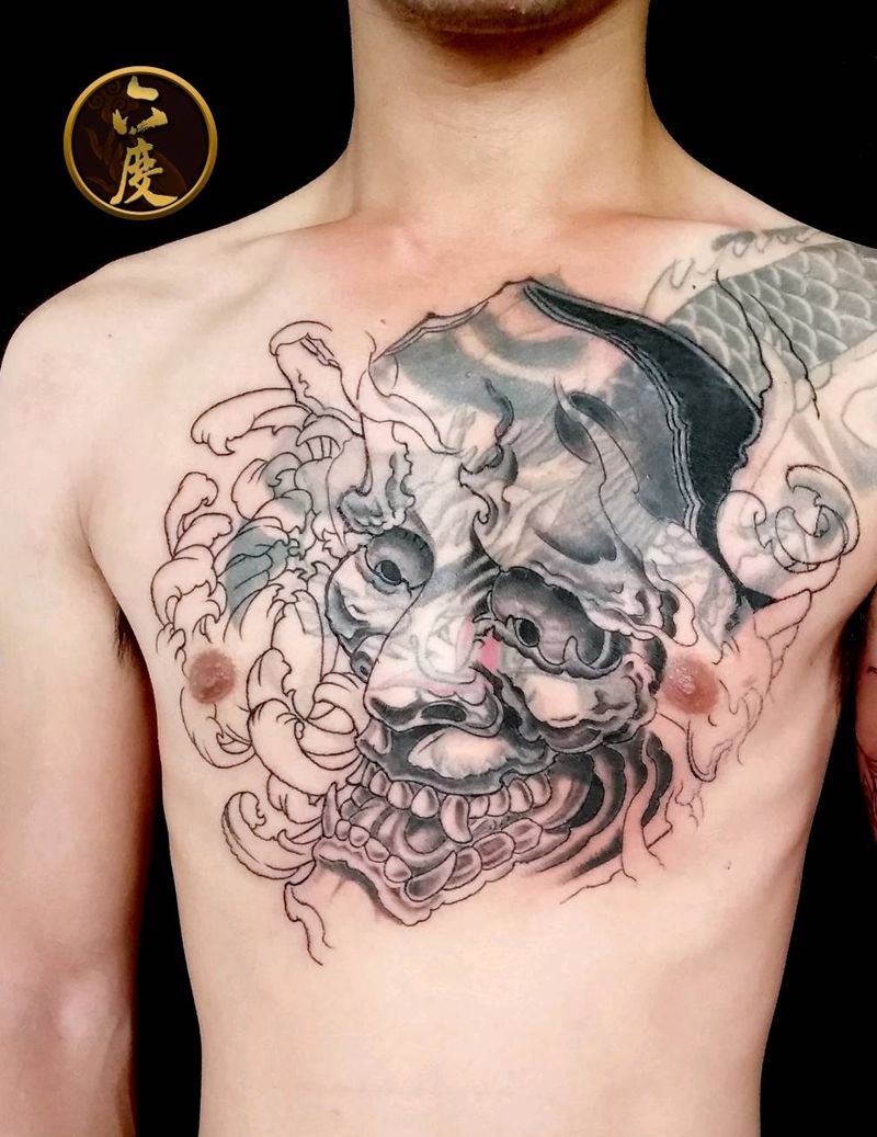 般若菊花遮盖过肩龙纹身图片_胸部传统鬼神成品纹身图案