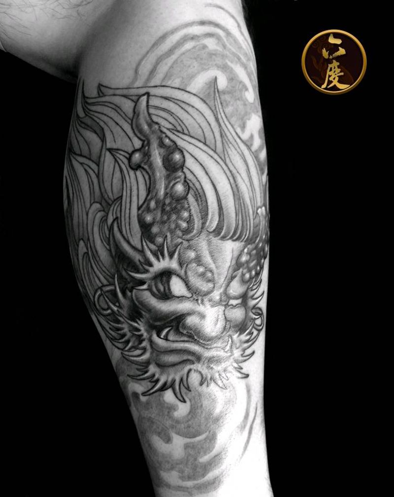 雷神小腿纹身图片_腿部传统鬼神成品纹身图案