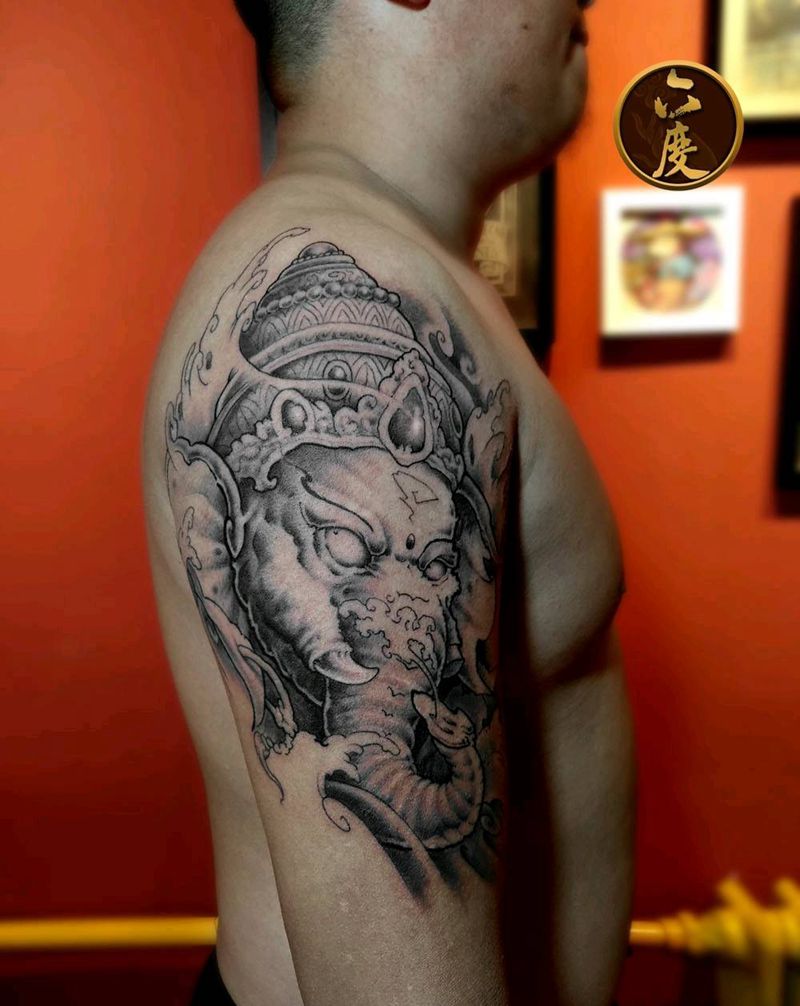 象神纹身图片_手臂新传统纹身图案