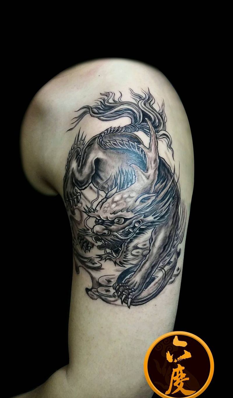 招财貔貅纹身图片_手臂传统动物麒麟成品纹身图案