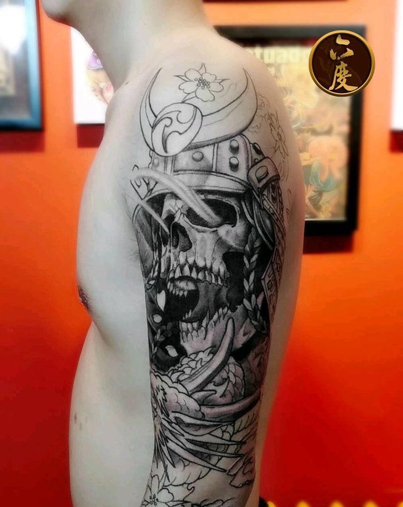 鬼武士花臂纹身图片_手臂新传统纹身图案