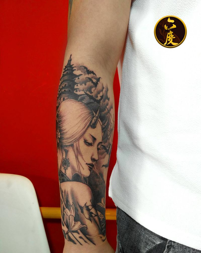 艺伎纹身图片_手臂新传统纹身图案