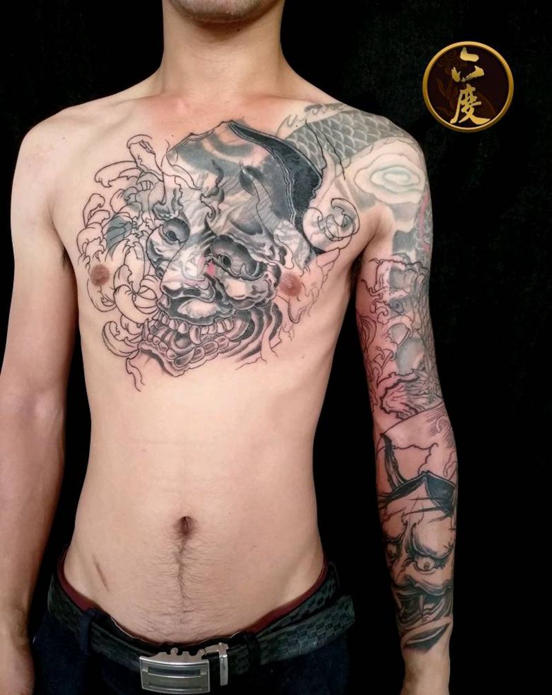 般若鲤鱼遮盖过肩龙纹身图片_胸部手臂传统动物植物鬼神成品纹身图案