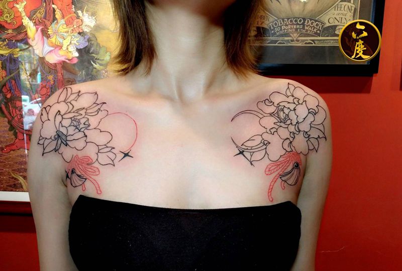 肩花纹身图片_胸部新传统纹身图案