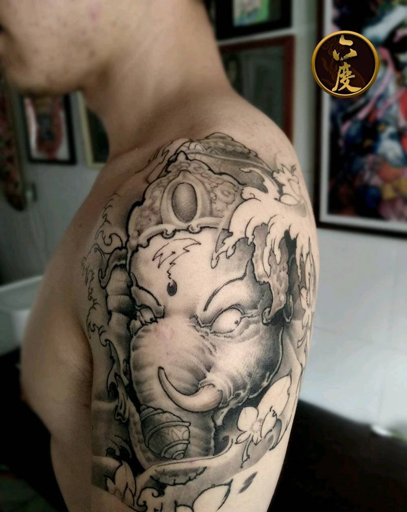 象神恢复后纹身图片_手臂新传统纹身图案
