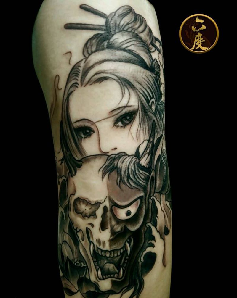 般若艺妓纹身图片_手臂传统人物鬼神成品纹身图案
