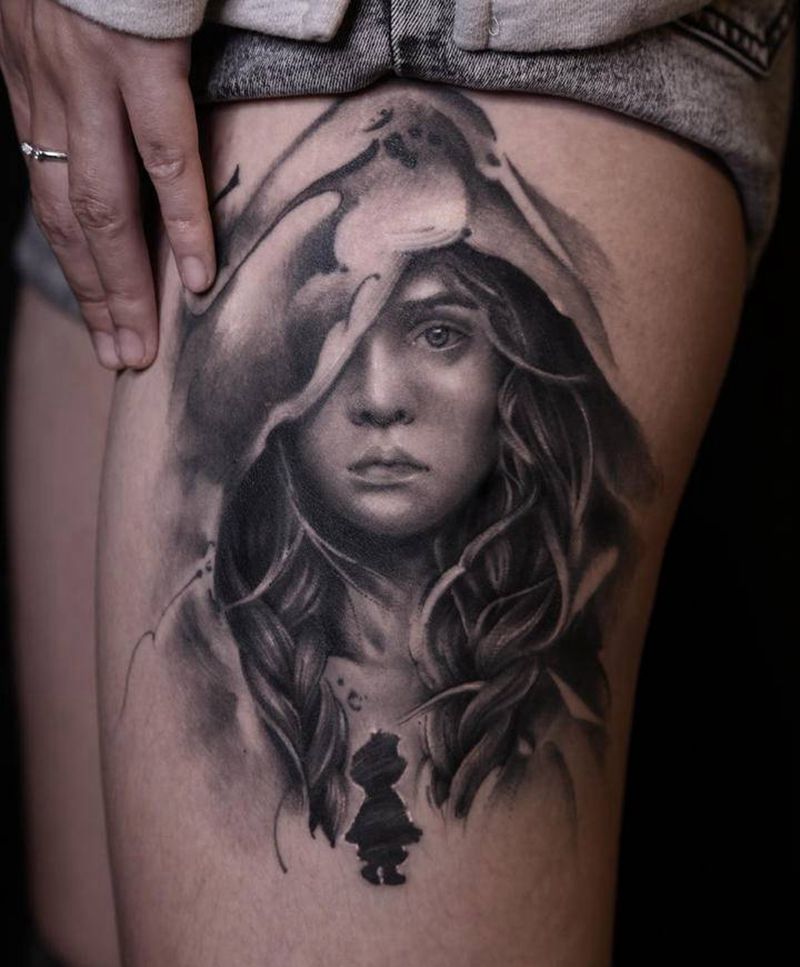 自己纹身图片_腿部水墨欧美写实纹身图案