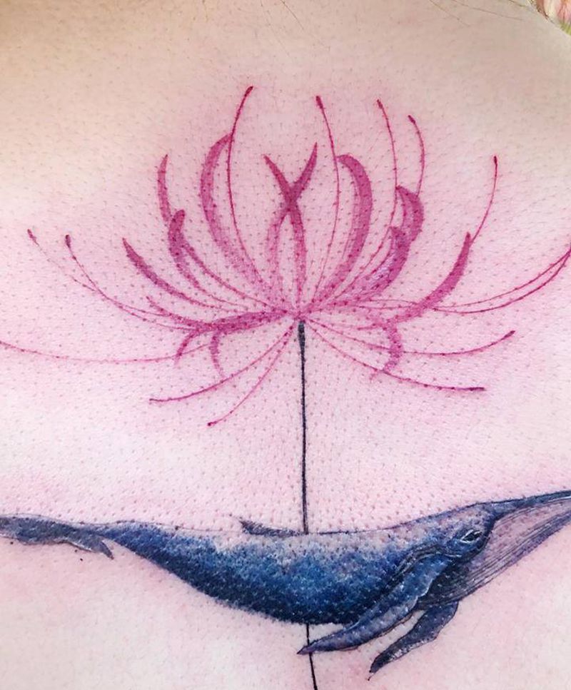 鲸鱼.彼岸花纹身图片_背部水彩纹身图案