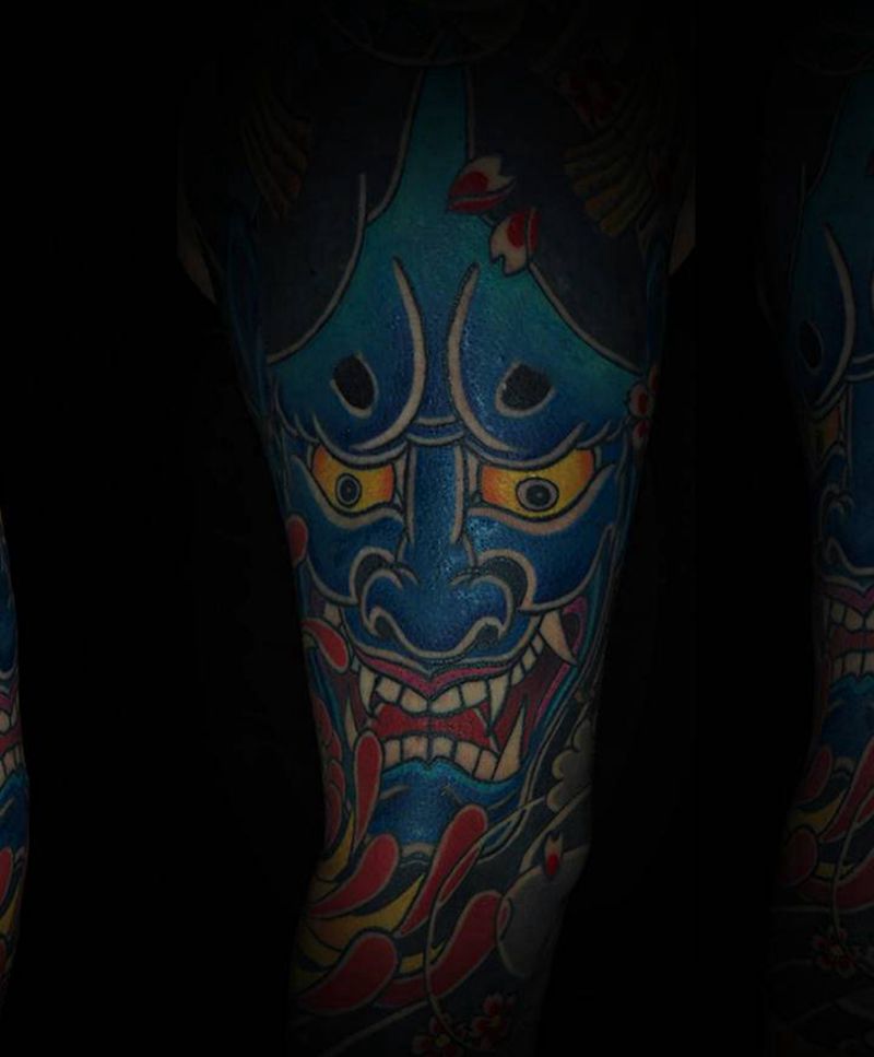 般若七分袖花臂纹身图片_手臂老传统新传统般若菊花纹身图案