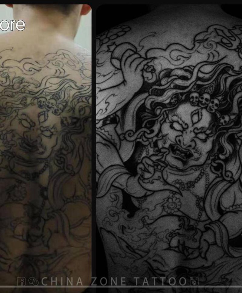 修图改图，大黑天纹身图片_背部老传统新传统大黑天满背纹身图案